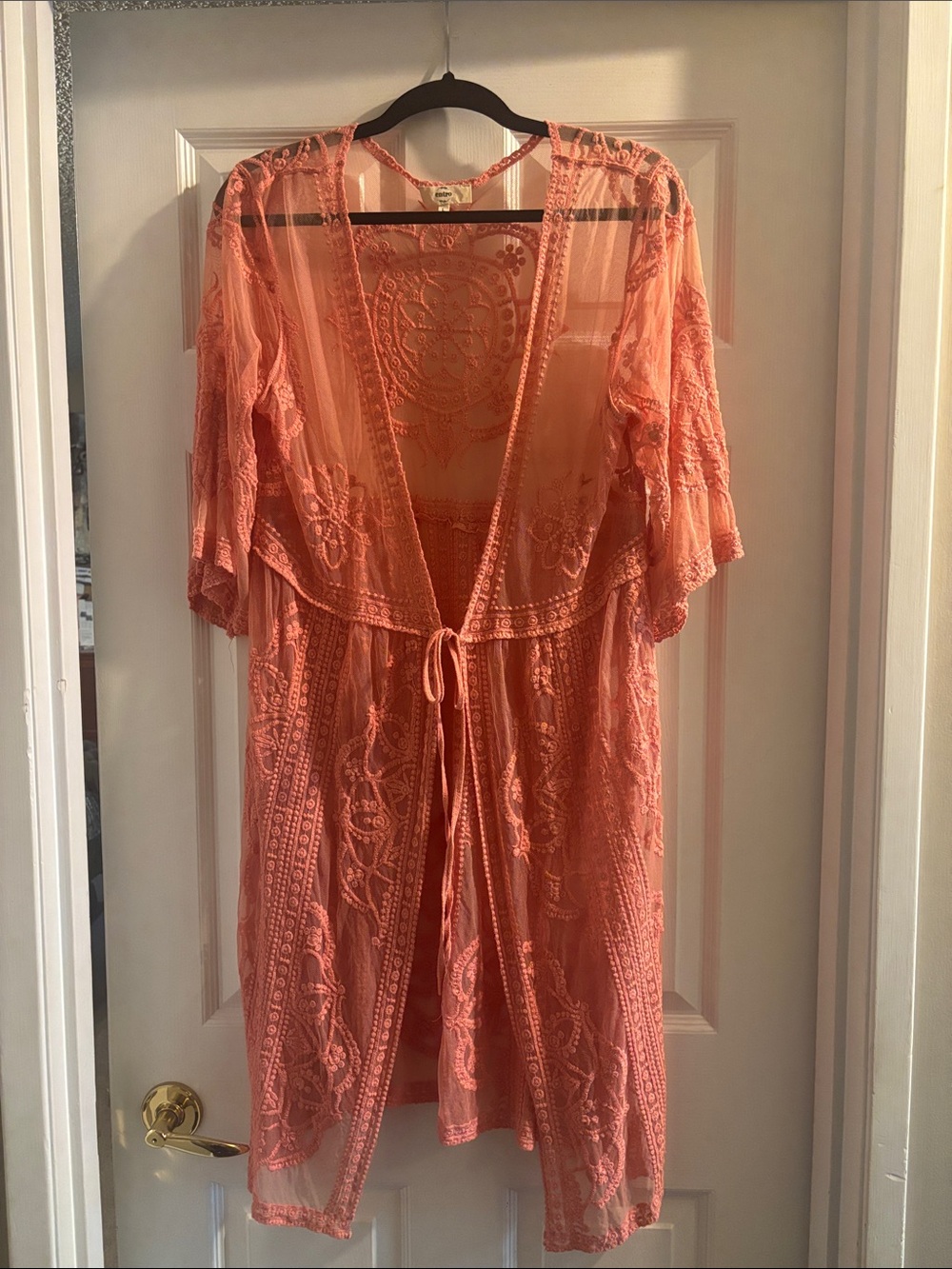 entro Coral Sheer Embroidered Kimono Robe